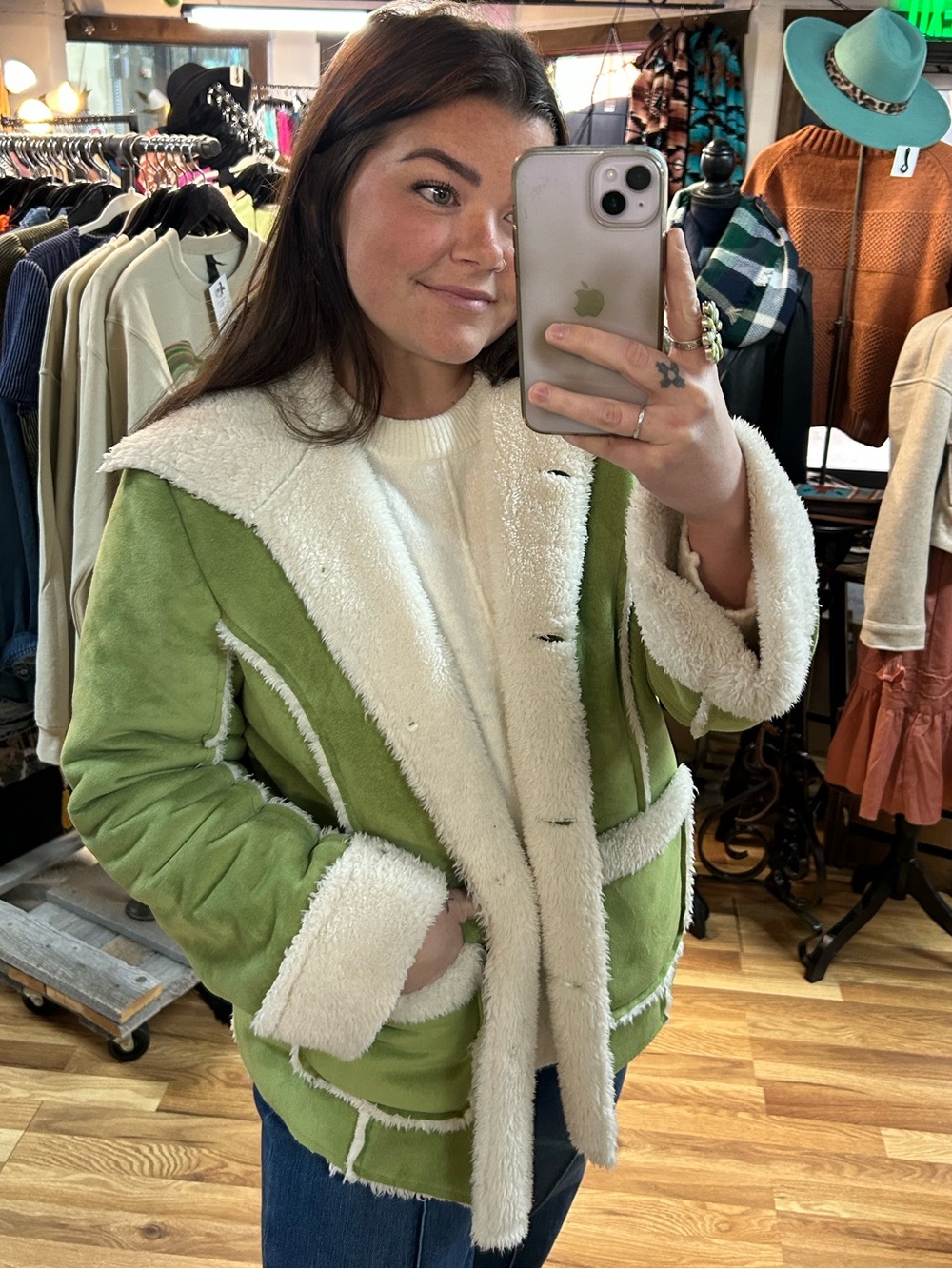 North Style Green Faux Suede Shearling Jacket